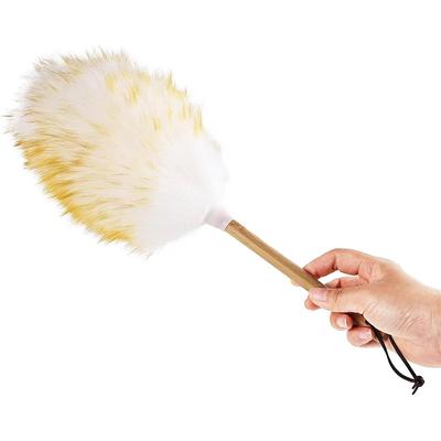 Lambswool Dusters For Cleaning With Solid Wooden Handle, Leather Hanging Strap, 15 Inch Natural Wool Duster