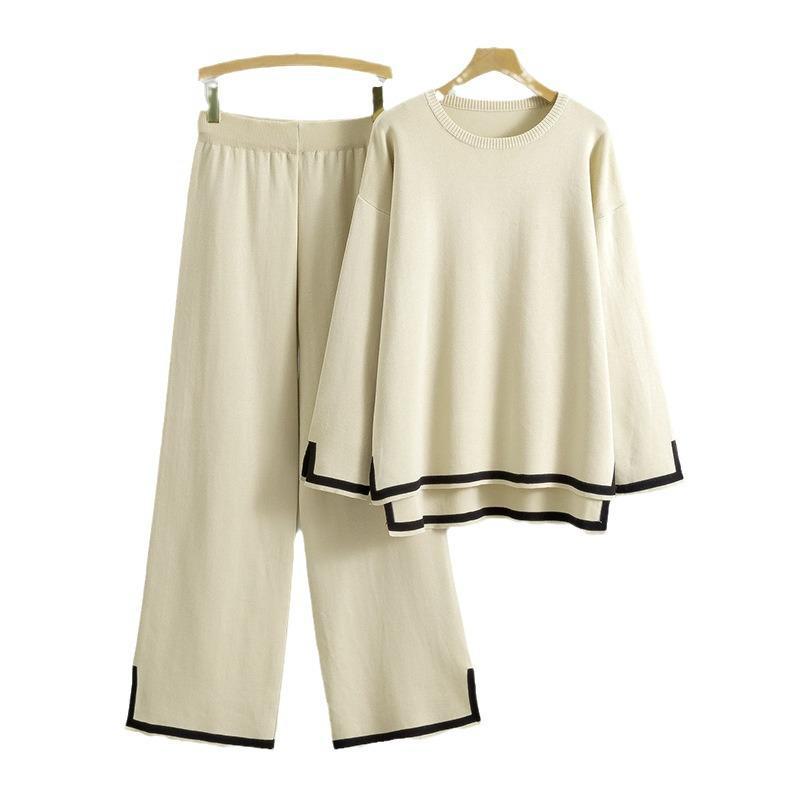 Γυναικείο πλεκτό κοστούμι φθινοπώρου/χειμώνα: Μακρυμάνικο πουλόβερ και φαρδύ παντελόνι με σκίσιμο σετ δύο τεμαχίων