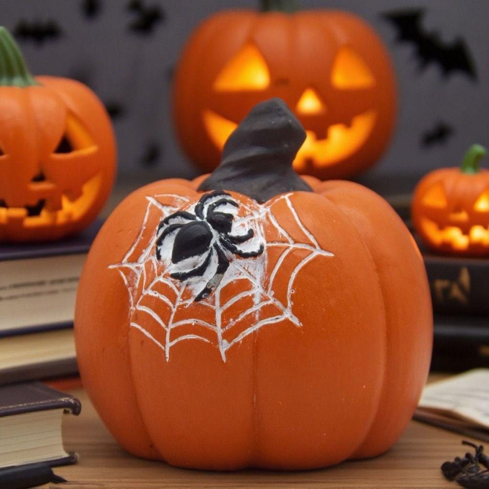Handicraft Halloween Pumpkin Figurine Model Spider Web Pumpkin Statue  Festival Decor