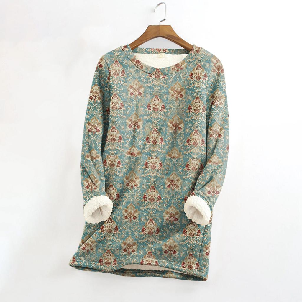 Women's Round Neck Top Printing Thickened Plush Cashmere Warm Long Top
