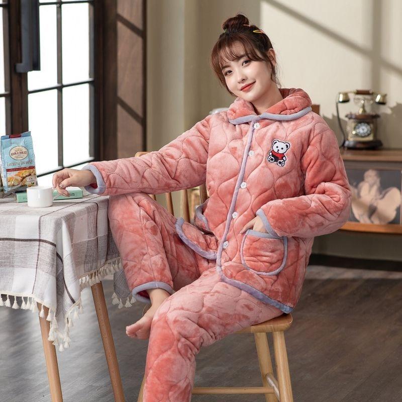 Pajamas women's winter three-layer thickened models fleece coral fleece warm padded cotton autumn and winter women's loungewear