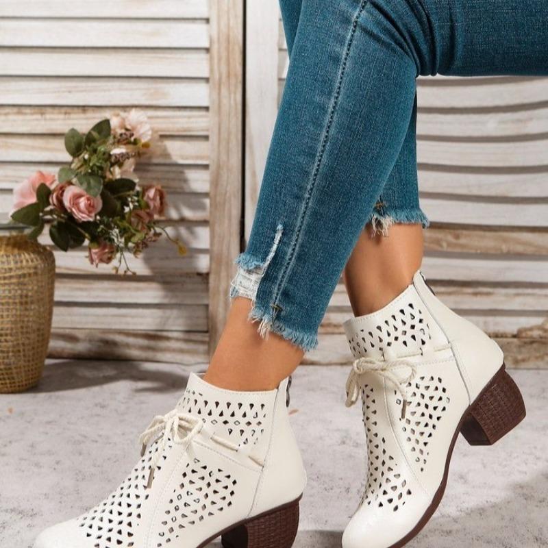 Moda 2025 Lato Botki Buty Kobiety Średni Obcas Sandały Boczny Zamek Botki Wycięcia Oddychające Mujer Zapatos