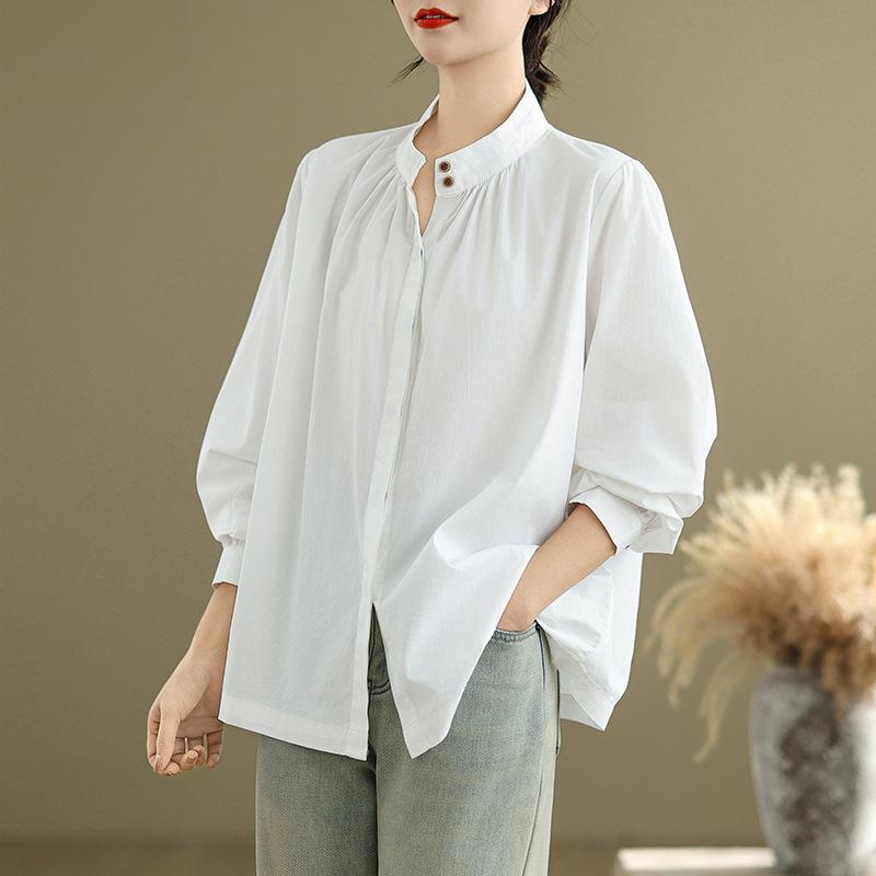 Spring Literature Loose Solid Color Stand Up Collar Lantern Sleeves Long Sleeved Shirt Women's Shirt Top Blouses & Shirts