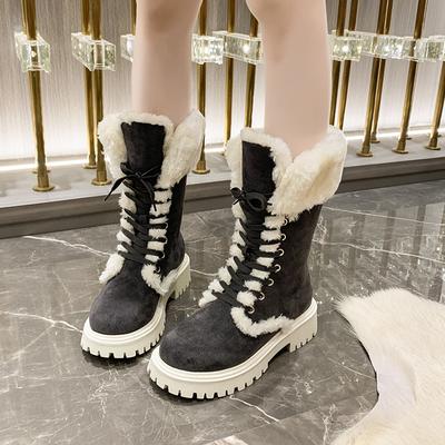 Chaussures d'automne et d'hiver bottes de neige pour femmes rétro à semelles épaisses et Tube Long chaud en velours.