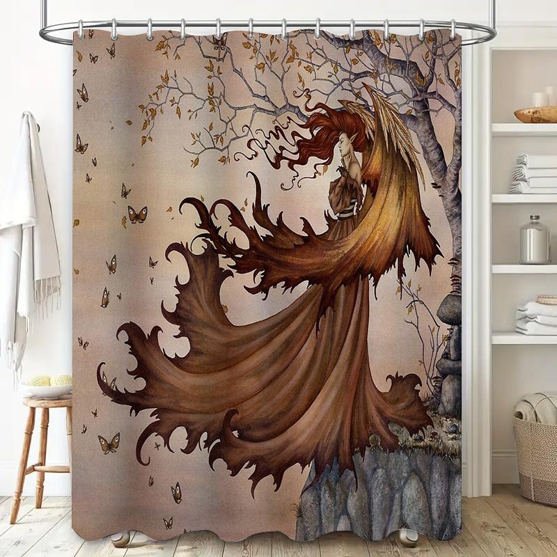 Fantasy Forest Waterfall Shower Curtain Gothic Nature Trees Waterfall Backdrop Bathroom Decor Vintage Floral Landscape Washable