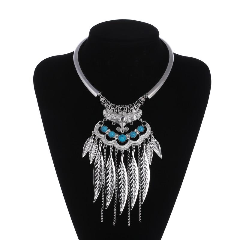 Vintage Statement Boho Necklace For Women Leaves Tassel Blue Black Red Beads Rhinestone Bohemian Necklace Party Jewelry Gift