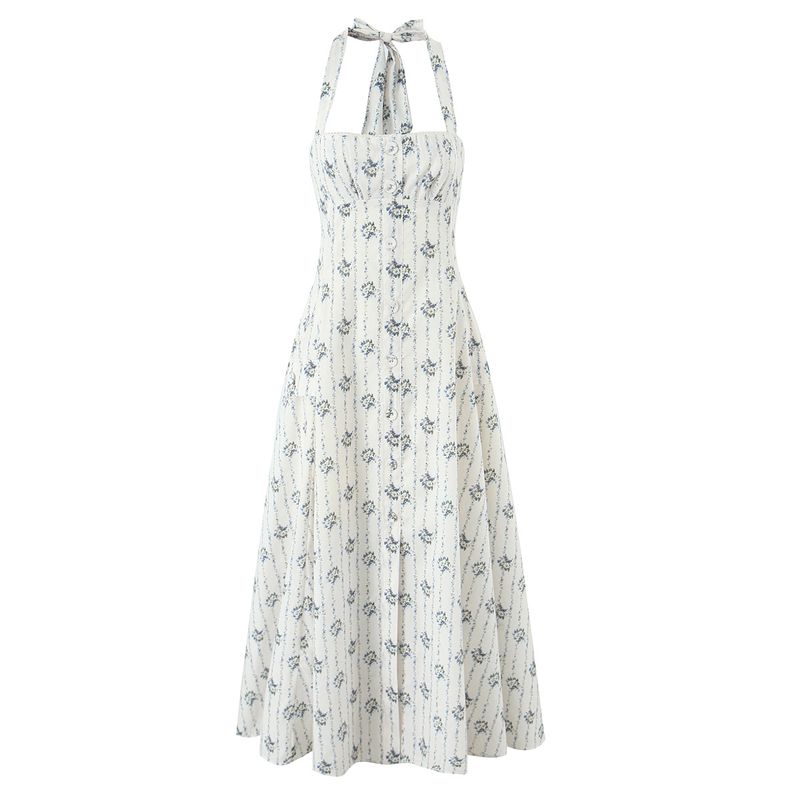 

Anne s Flower Wall House Same Style French style Retro Pastoral Floral Bow Lace-up Hanging Neck Mid-Length Dress Apricot flower color L