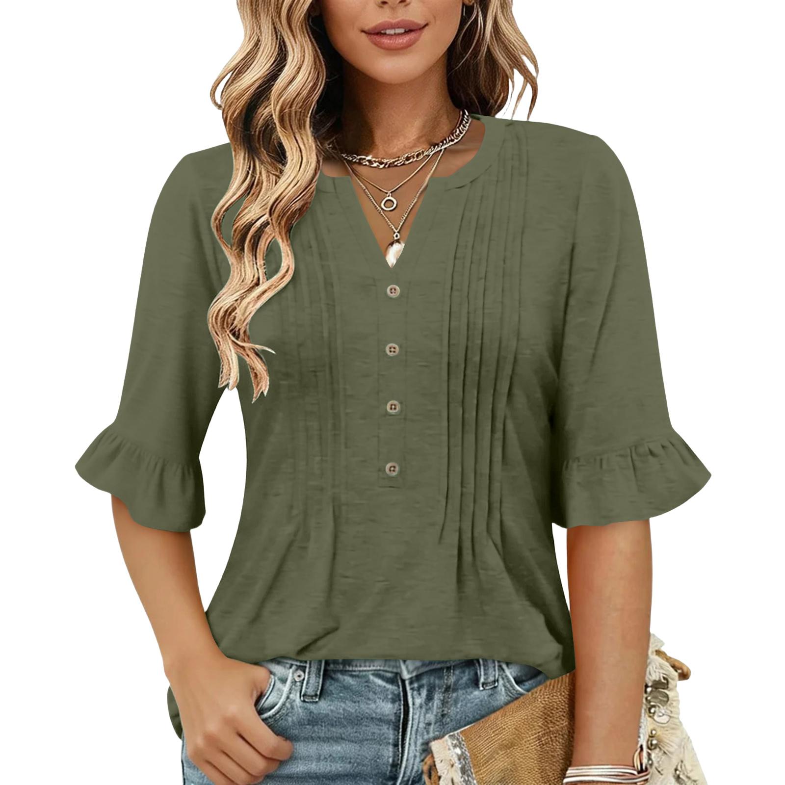 Women s Fashion Casual V-Neck Button-Front Pleated T-Shirt With Short Sleeves In Color XXL