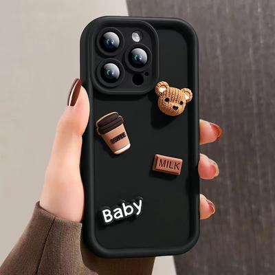 Cute 3D Cartoon Bear Coffee Case For iPhone 15 12 11 13 14 Pro Max 7 8 Plus X Xs Xr 15pro 14pro 15plus Soft Silicone Matte Cover