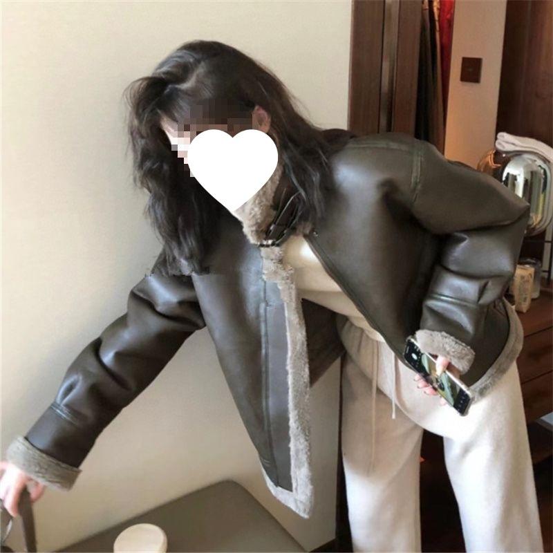 

Женская Модная Ретро Кожаная Мотоциклетная Куртка из Искусственного Меха и Шерсти Ягненка - Короткий Зимний Стиль со Стойкой Воротником и Плотной Флисовой Подкладкой L, Recommended for 110-130 jin