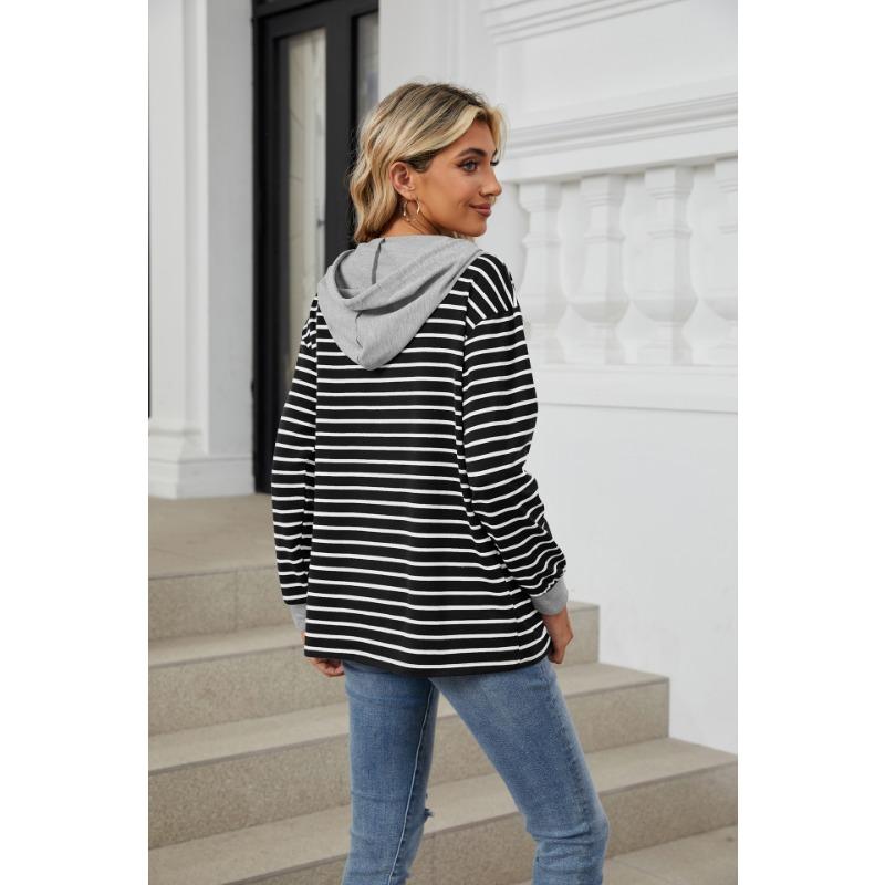 Autumn Women's Striped Clashing Colour Splicing Hooded Long Sleeve Loose Sweatshirt