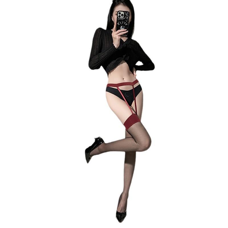 Bas sexy avec jarretelles intégrées Chaussettes de désir pur avec coutures Bas Spice girl Bord rouge vif rebondissant bas en soie noire