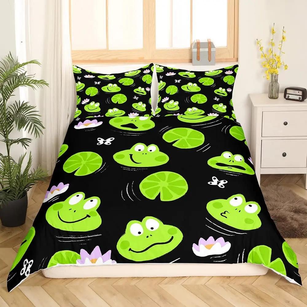 Cartoon Frog Duvet Cover Set Light Green Cartoon Frogs Cute Dragonfly Animal Bedding Set for Kid Twin Size Polyester Quilt Cover