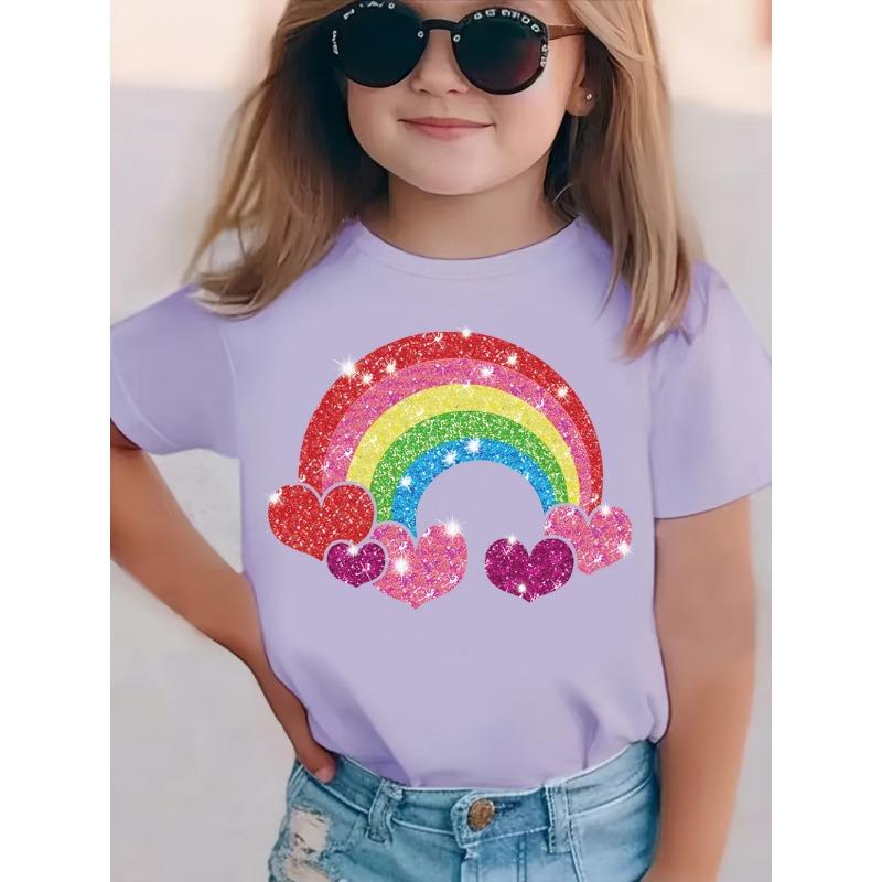 2026 Summer Fashion Girls' Pure Cotton Round Neck Short Sleeve Rainbow Heart Print T-Shirt Casual Versatile Top Trendy Clothing