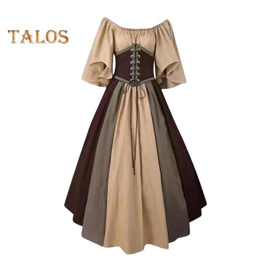 Vinatge Damenkleid mit fliegenden Ärmeln, Kontrastfarbe, A-Linie, großer Saum, schmale Taille, plissierter Schnürriemen, mittelalterliche Halloween-Party, Cosplay-Kostümparty