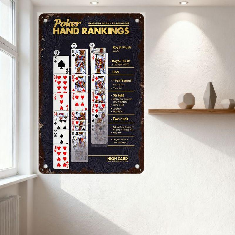 Poker Hand Rankings Metal Tin Sign - Dark Blue Rusty Brown Border with Playing Cards & Rules Explanation for Home Bar Man Cave C