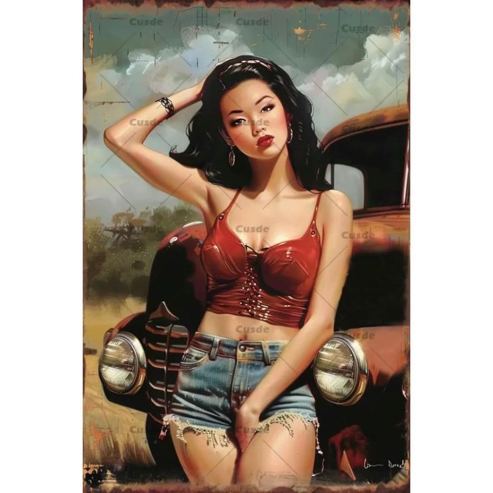 1pc 2d Sexy Poster Pin Up Lady Sexy Beauty Car Vintage Metal Tin Sign Sexy Wall Art Plaque For Bar Man Cave Garage 8x12 Inch