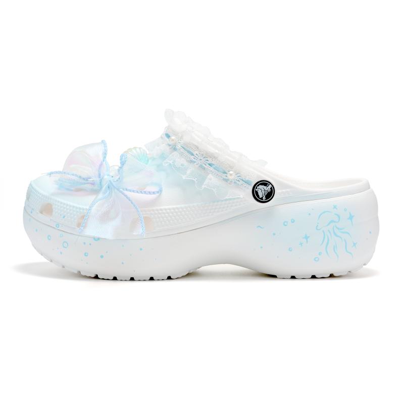 Crocs Classic Platform Clog EVA Sea Salt Dream Rui Crown Hand-painted Lace Cute Hole Shoes Unisex White