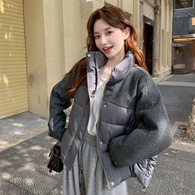 Women Stand Collar Short Spliced Windproof Padded Coat Warm Winter Casual Outerwear