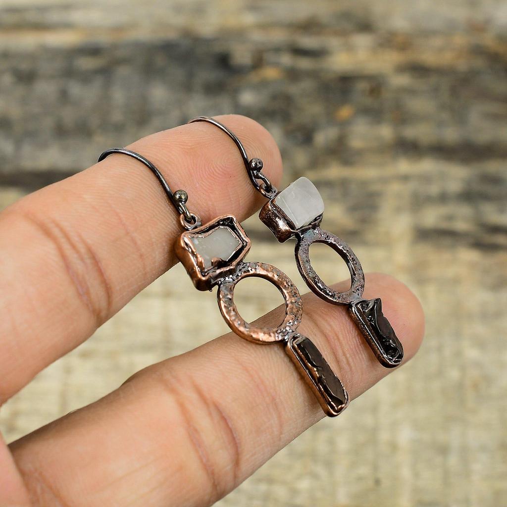 Rainbow Moonstone Rough Earring Electroformed Copper Earrings Smoky Quartz Gemstone Jewelry Handmade Earring Electroformed Copper Jewelry