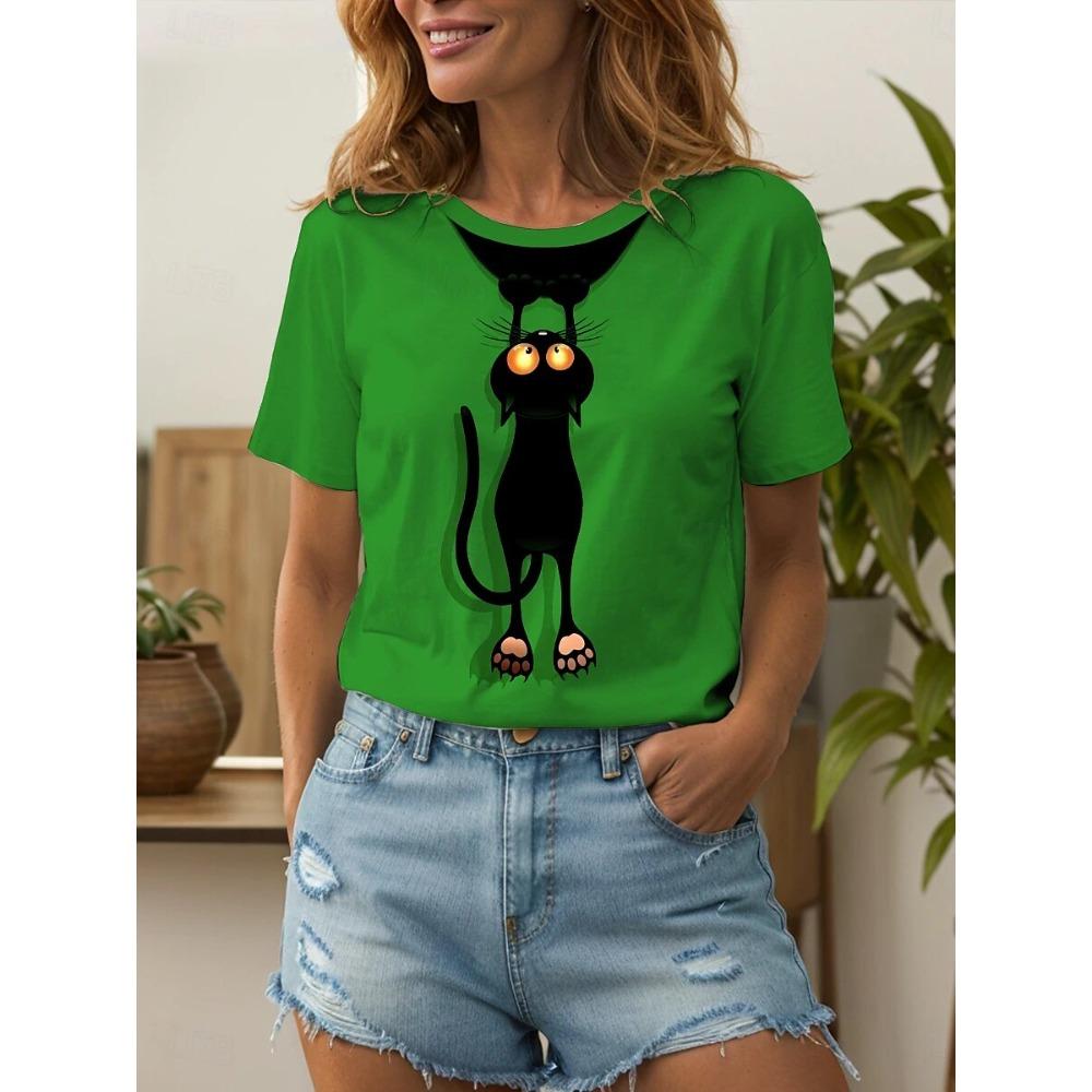 Letní Vzor Zvíře Kočka Potisk Móda Klasický Krátký Rukáv Kulatý Výstřih Top Oversized Dámské Oblečení