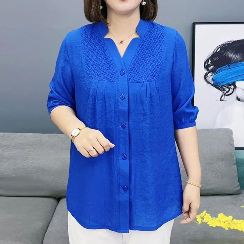 Women's Summer Meat Covering and Slimming Shirt, Mom's Mid Sleeve Plus Size Button Style Shirt