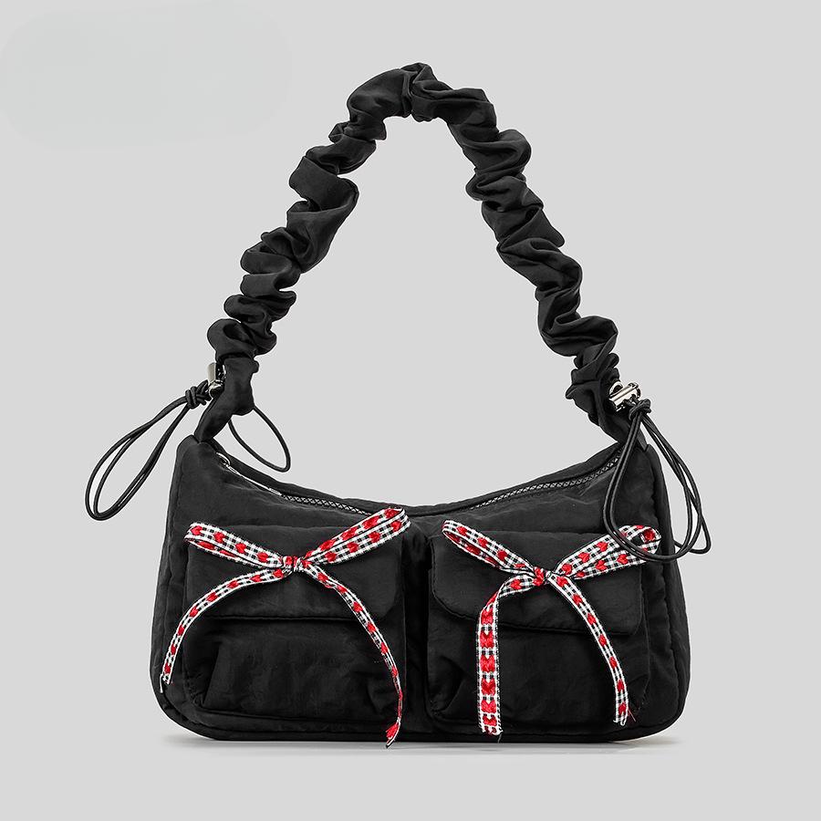 Fashion Bowknot Shoulder Crossbody Bag Women Casual Nylon Drawstring Shoulder Strap Wrinkle Handbag