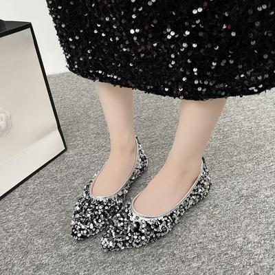 Pointed Flat-soled Single Shoes Light Luxury Sequins Super Flash Casual Versatile Soft Sole Shallow Mouth Large Size Women's Shoes