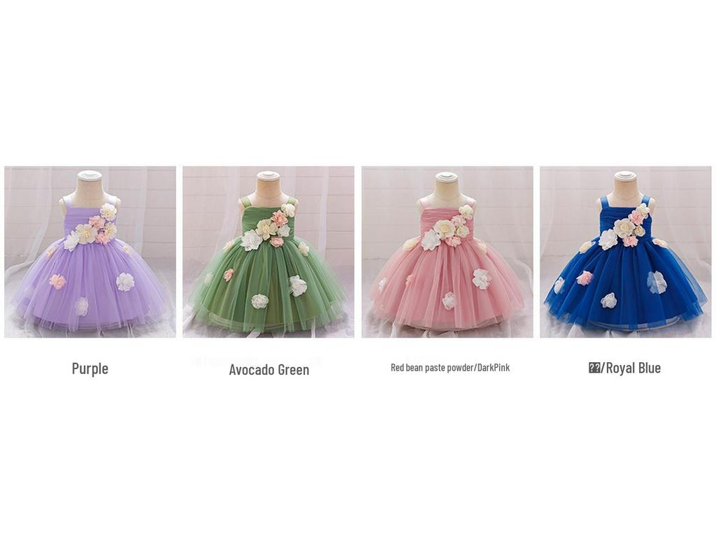 European & American Style One-Shoulder Baby Girl Wedding Dress with 3D Flowers, Ideal for First Birthday or Special Occasion Performance.