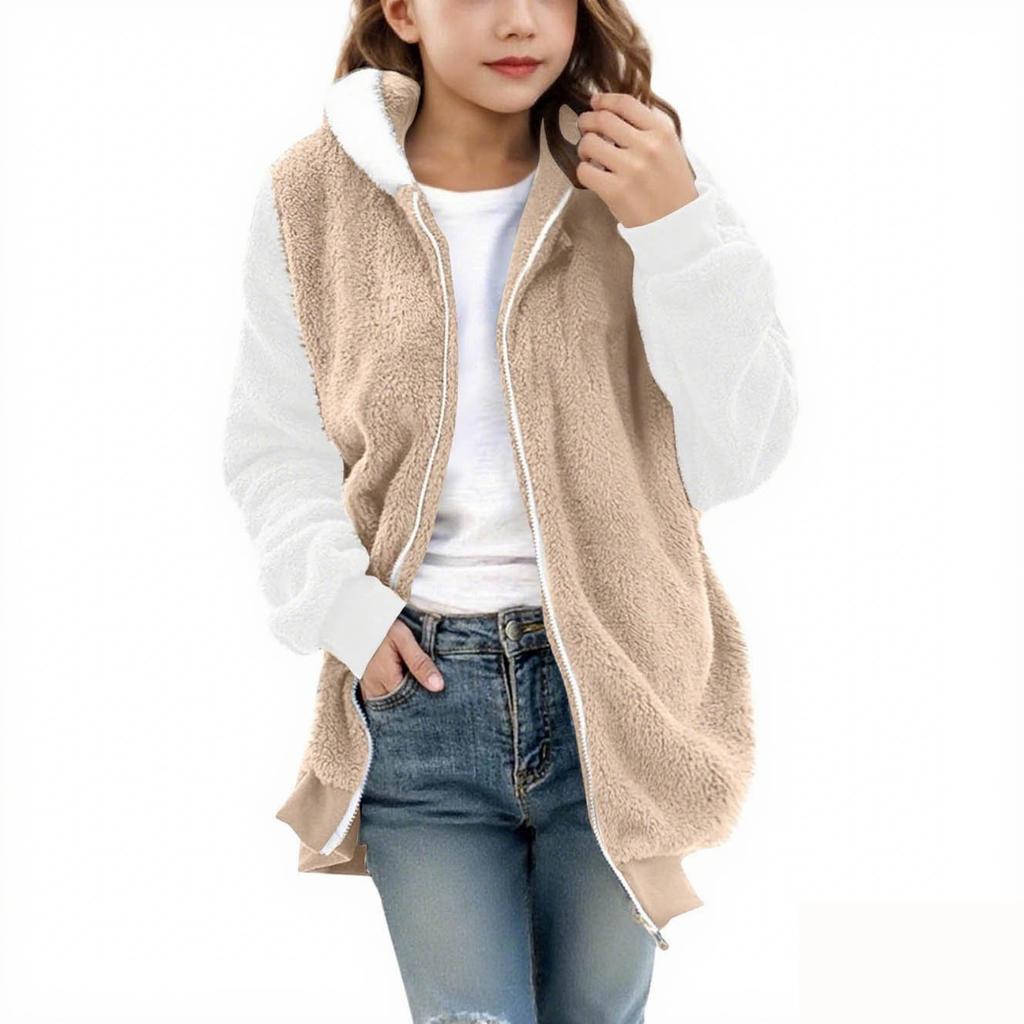 Fashionable Children's Solid Color Long-sleeved Hooded Pocket Plush Coat