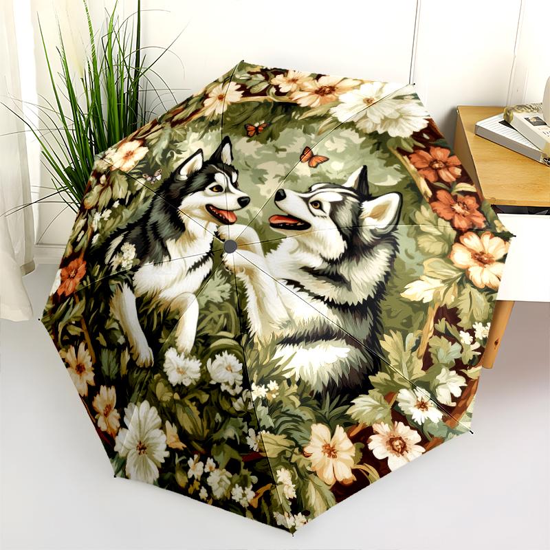 Husky and Grass pattern, automatic folding umbrella, portable and foldable design, 8 ribs, a Christmas or birthday gift.