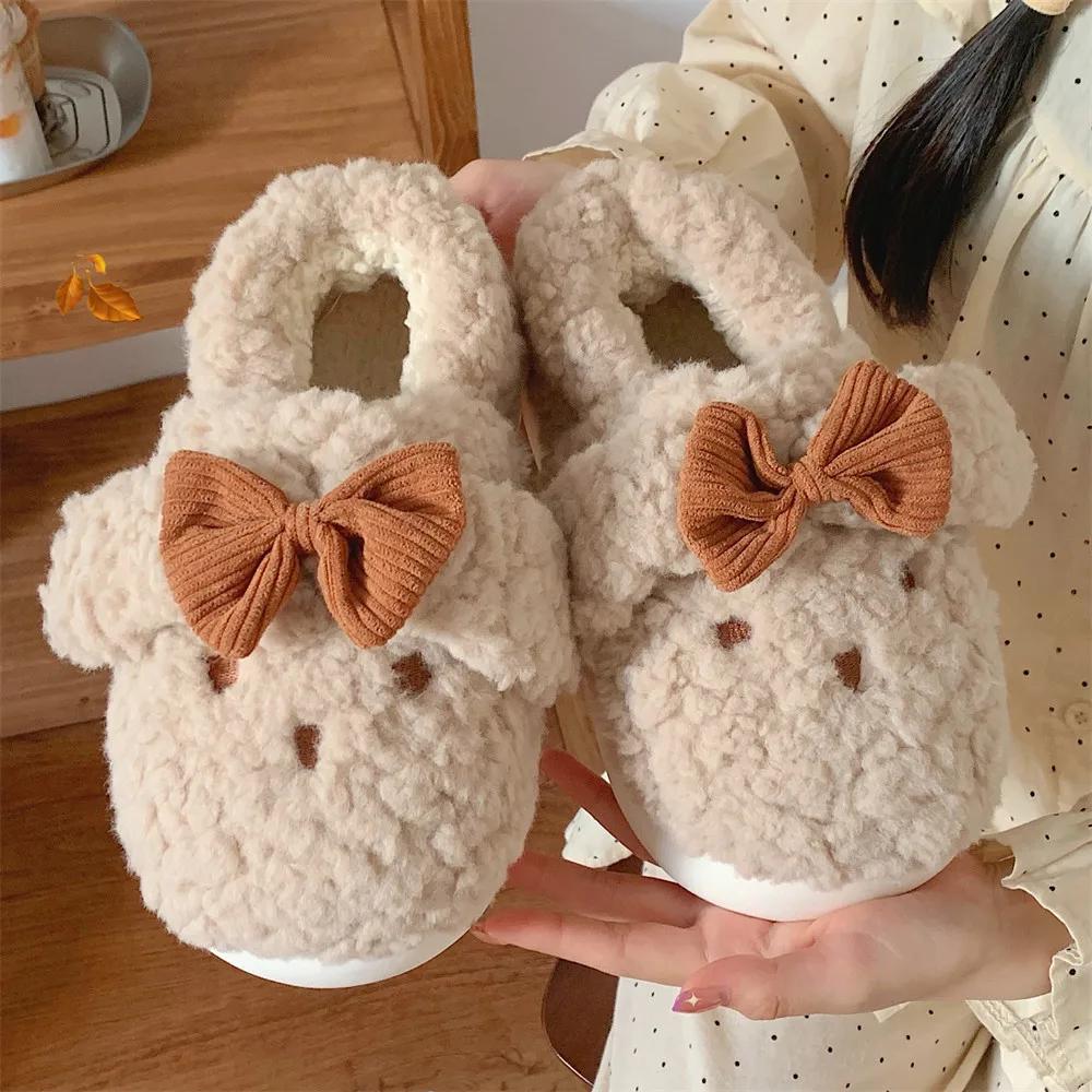 Осенне-зимние мягкие милые креативные теплые хлопковые тапочки с бантом и кроликом для дома мягкие плюшевые тапочки Baotou для женщин 36-37 хаки 2382₽