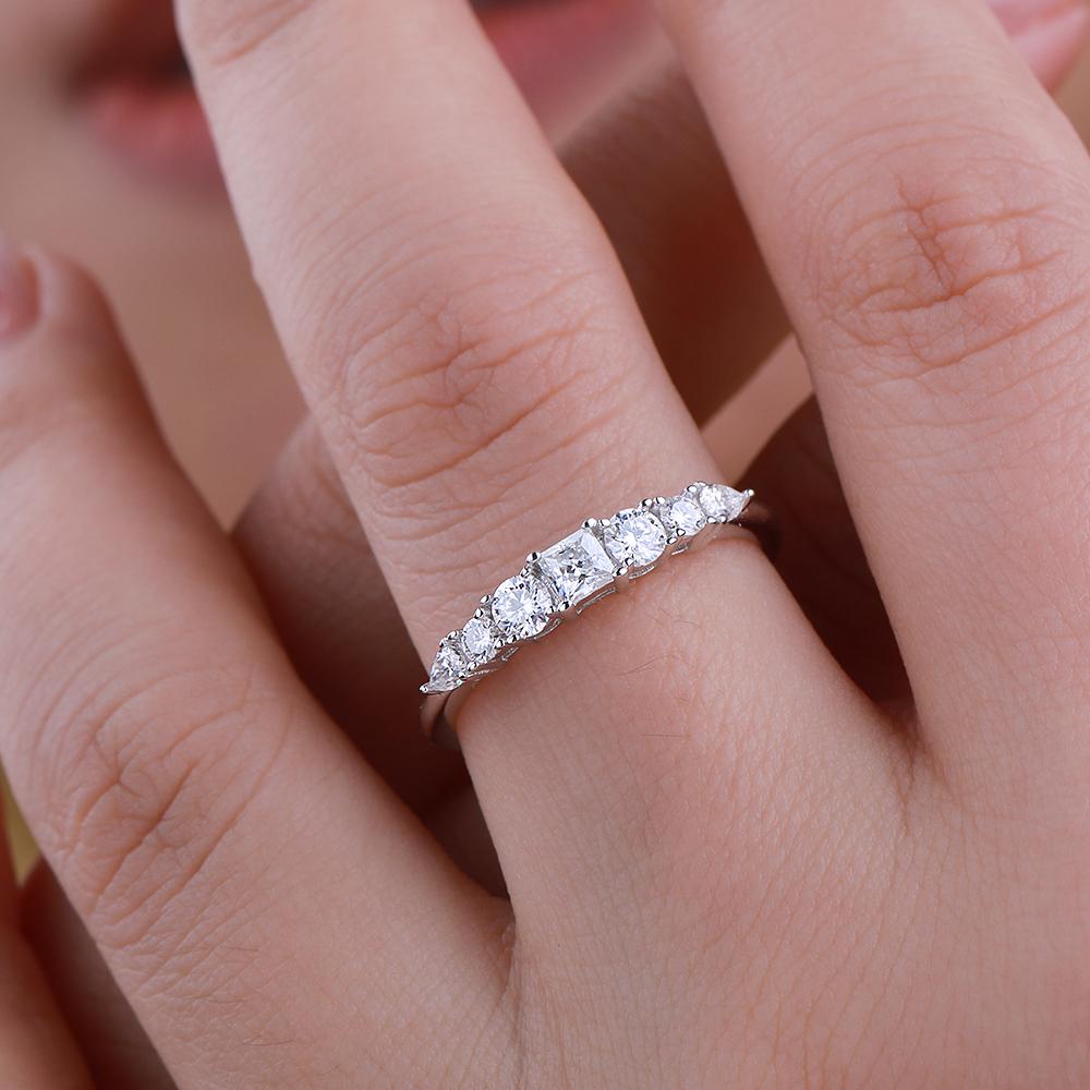 7 Stone All Moissanite Half Eternity Ring for Women   CopperStackable Bands Wedding Engagement Rings Fine Jewelry
