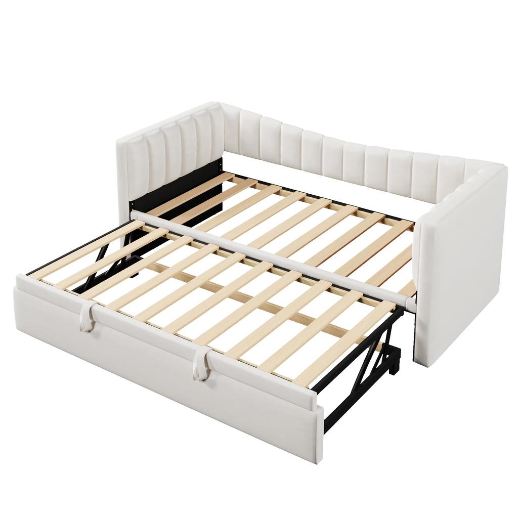 Daybed 90x200/180x200 Sofa Bed Upholstered Bed Pull-Out Bed, Slatted Frame, Single/Double Bed Guest Bed, Velvet, Minimalist Style, White
