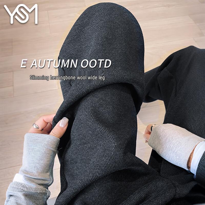 

Women s Autumn/Winter Wool-Blend Herringbone Wide-Leg Casual Pants L