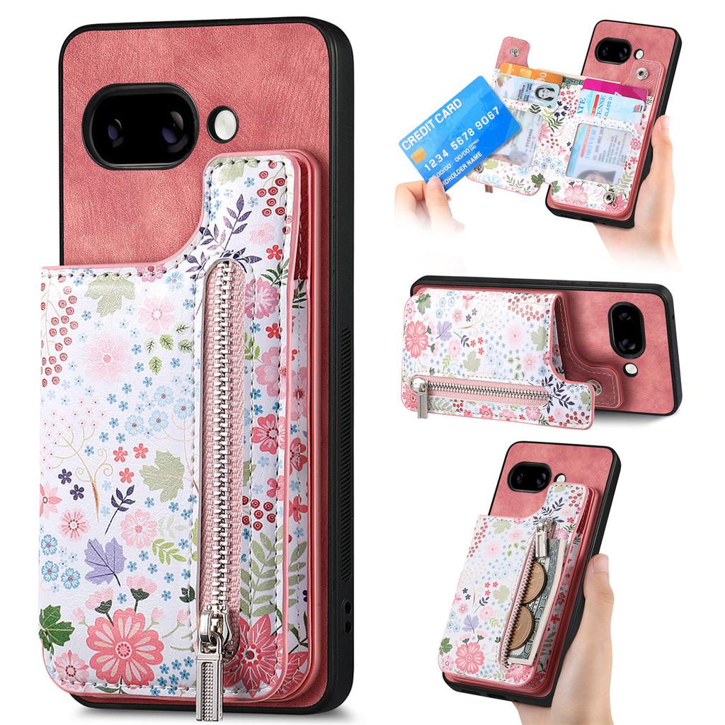 For Google Pixel 9a Leather Phone Cover with RFID Blocking Zipper Card Bag Kickstand