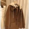 Autumn and Winter Woolen Top Splicing Knitted Hooded Woolen Coat Women's Loose Coat