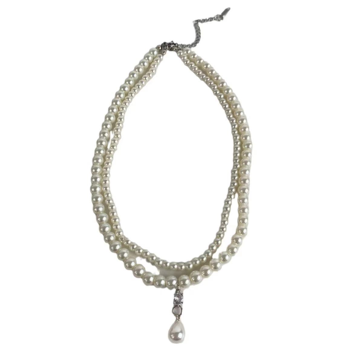 

French retro pearl necklace light luxury double layer stacked collarbone chain sweet cool fashion versatile jewelry