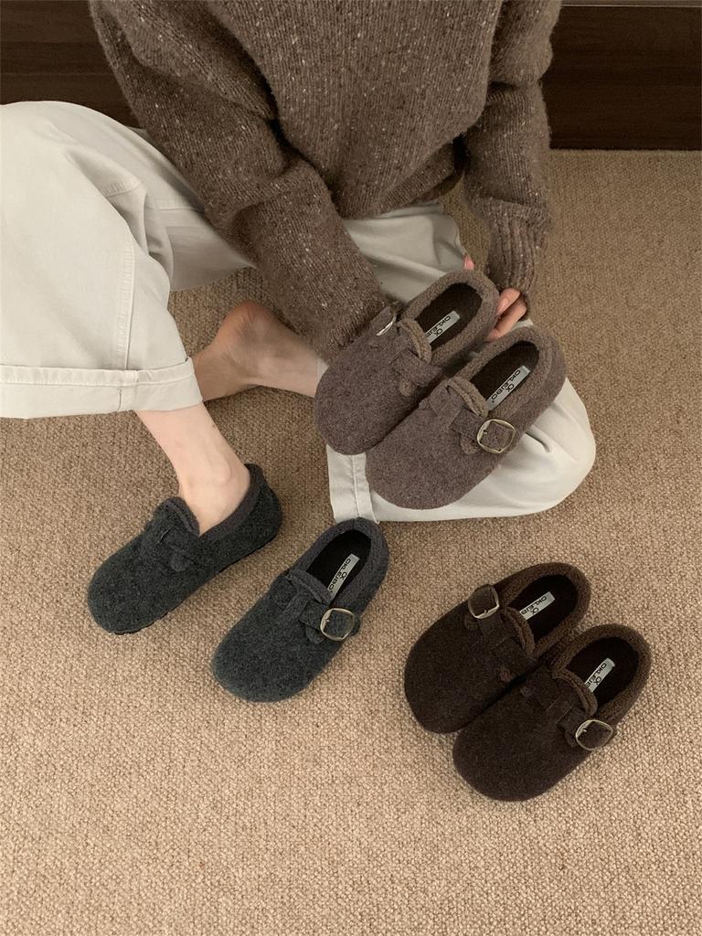 Huge Good-looking All-inclusive Birkenstocks, Velvet Two Cotton Shoes for Women's 2025 New Autumn and Winter Gray Birkenstocks, Hairy Single Shoes