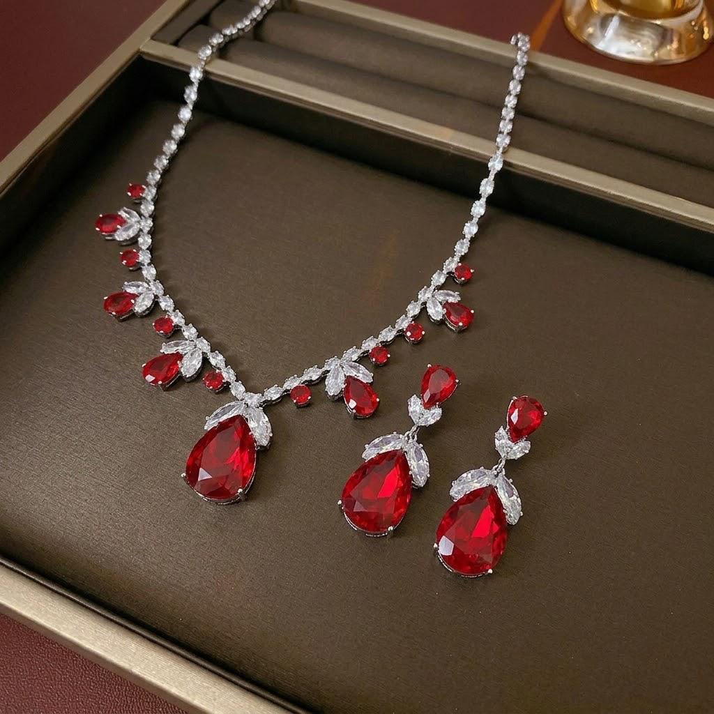 European Style Zircon Red Water Drop Tassel Necklace & Earrings Set