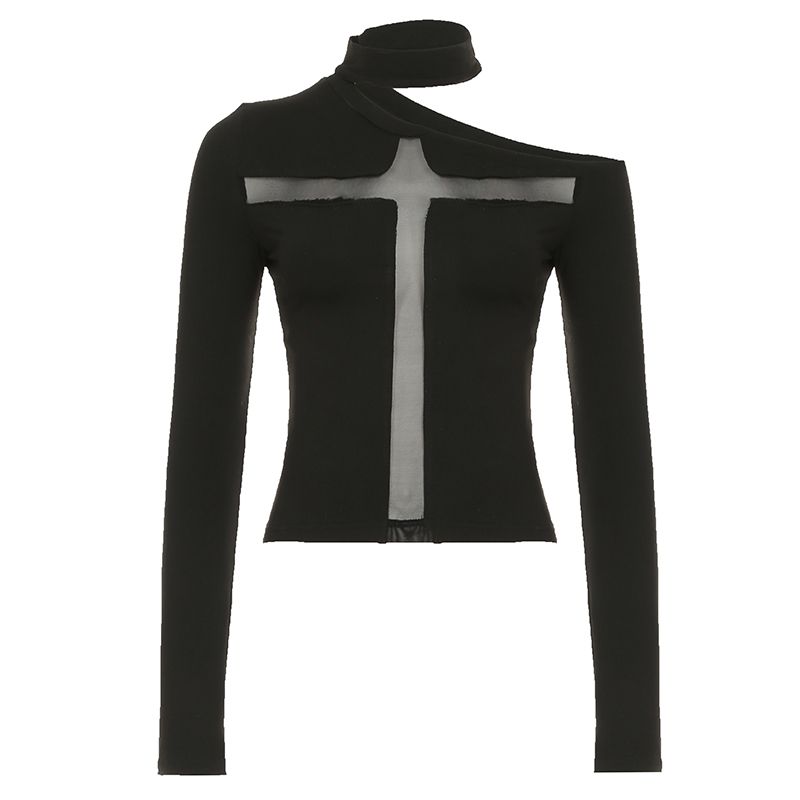 H Family European and American Women's Clothing Abstinence Dark Asymmetrical off-Shoulder Cross Tops Sexy Patchwork Black Primer T-shirt