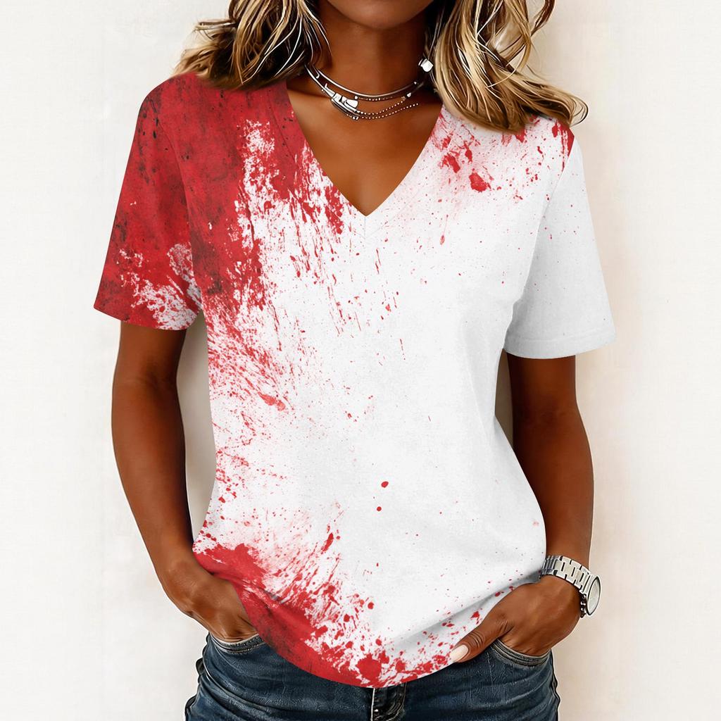 Haut pull décontracté pour femme à col en V, manches courtes, imprimé graphique Halloween, coupe ample, t-shirt léger pour un usage quotidien