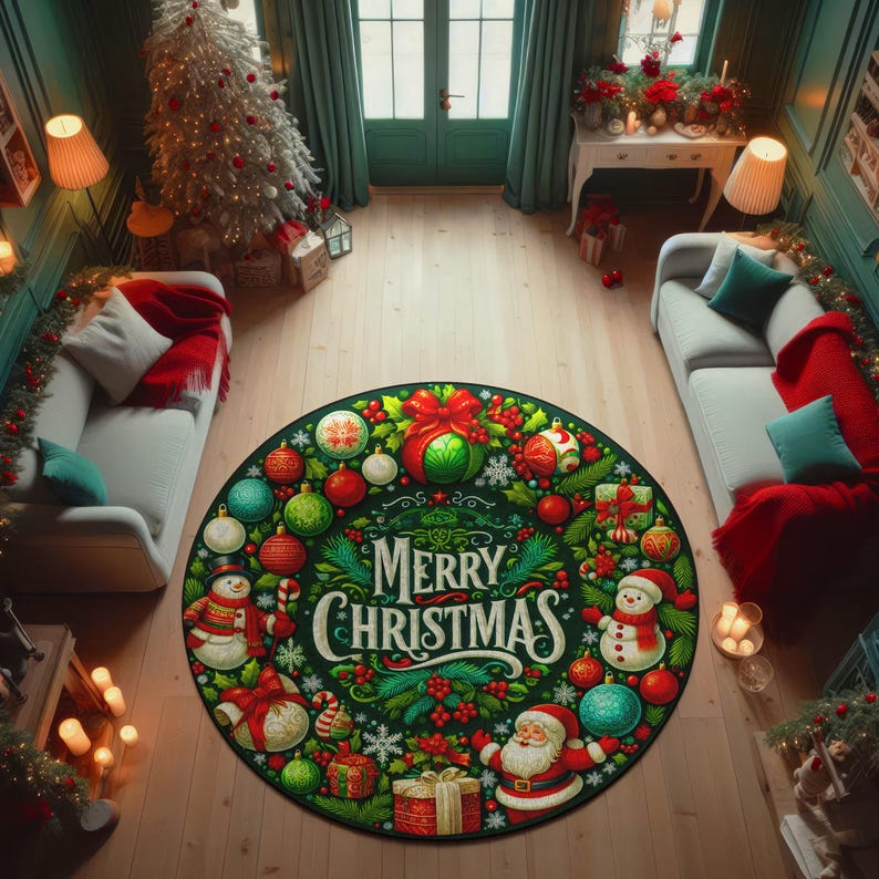 

Round Merry Christmas Rug Santa Snowmen Ornaments, Festive Holiday Carpet for Winter Home Decor,Non-Slip Kitchen Living Room Mat Diameter 100cm