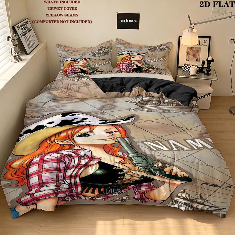 Nami Pattern Bedding Quilt Set Quilt Cover Pillowcase Home Birthday Gift(1 * Duvet Cover + 2 * Pillowcase, Without Core)