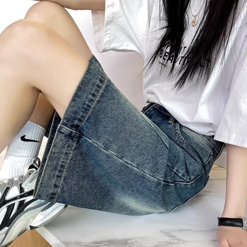 Patchwork 5-Point Denim Shorts, Women's High-Waisted Retro Loose Fit, Summer Thin Wide-Leg Mid-Length.