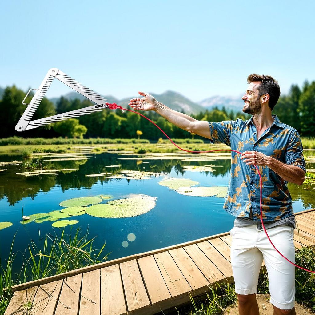 24in Aquatic Weed Rake 3-Sided Foldable Lake Weed Rake Handle 30ft Rope