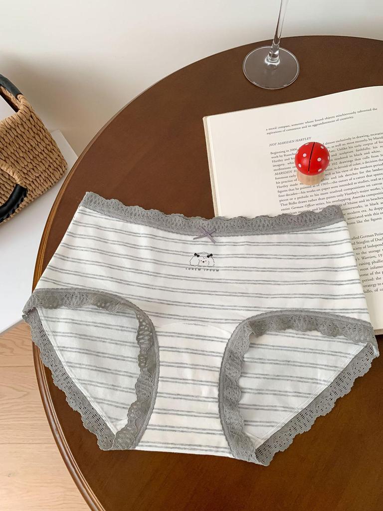 A053 Women's Soft Gray & White Striped Triangle Briefs - Skin-Friendly, Hip-Wrapping, Pure Cotton, Antibacterial Style for Teens, 2025 Collection.