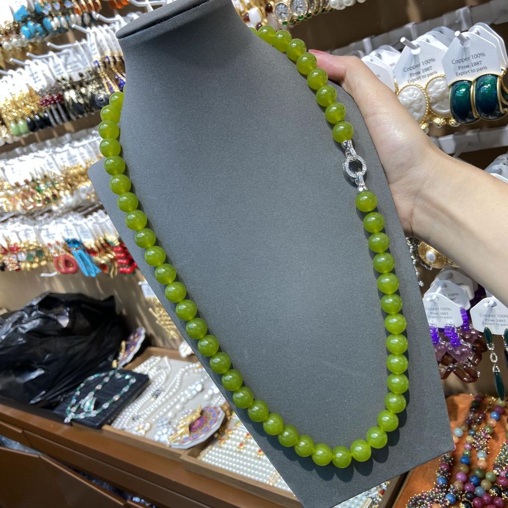 New Medieval Vintage Fashion Retro Design Qingti Color Jade Bracelet 12M Natural Stone Long Necklace Bracelet