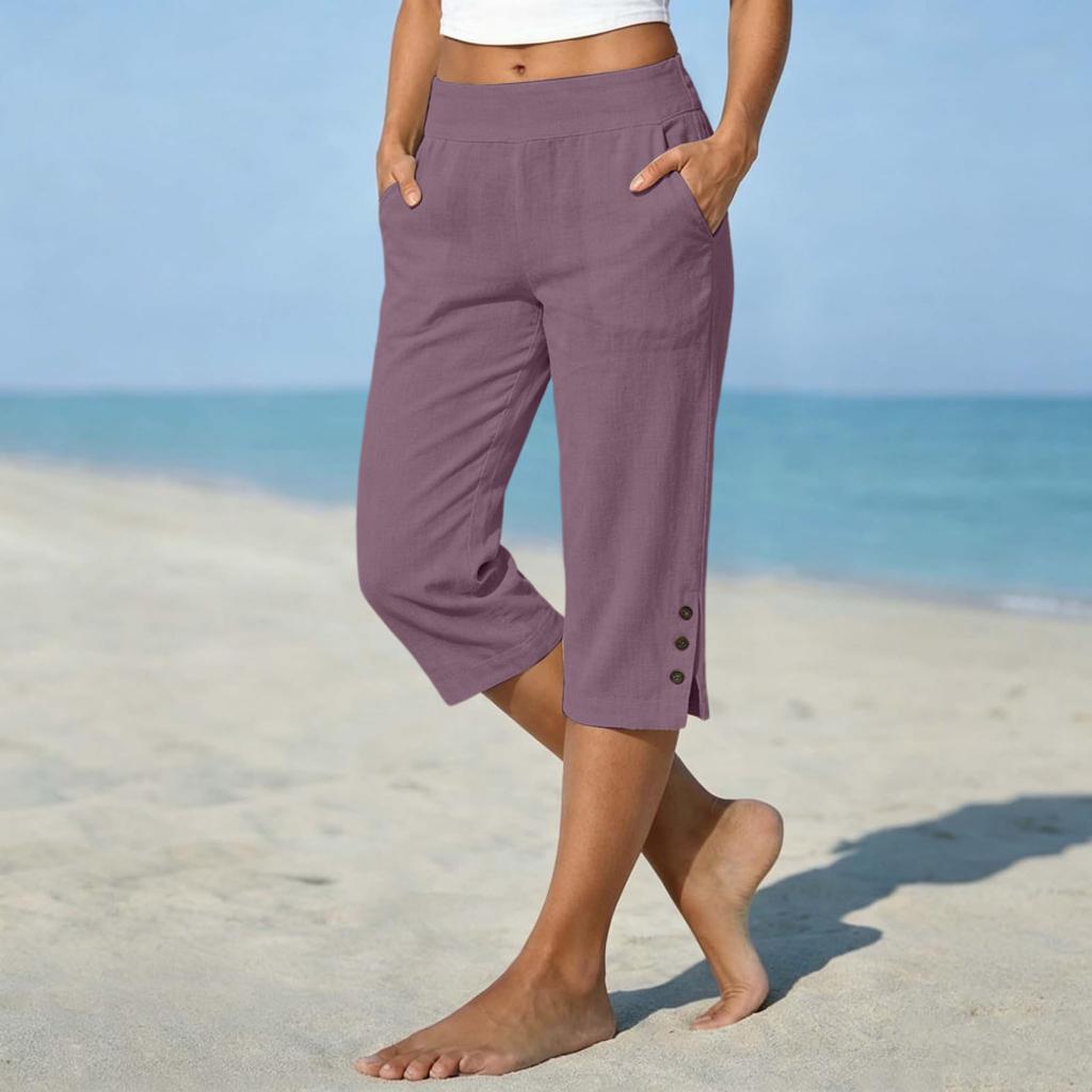 Pantaloni da Donna a Gamba Dritta Corti, Vestibilità Larga, in Lino e Cotone, con Tasche Laterali e Fondo Spaccato con Bottone, per Uso Casual