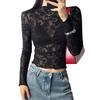 New Women's Small Stand-up Collar Transparent Lace Tight Long-sleeved T-shirt Tops for Women